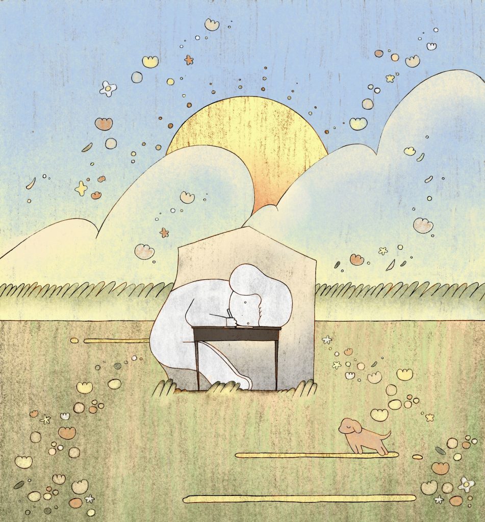 A pastle drawing of a gostly white figure kneeling alongside a grave stone head and torso lying on a small table facing towards the viewer, pen in hand. A pale blue sky with large white clouds is behind. A larege pale yellow sun rising between them. Small flowers or petals are swirling around the image as if blown around by a gentle breeze and a small brown dog stands in the foreground on a expanse of pale green grass, as if waiting.