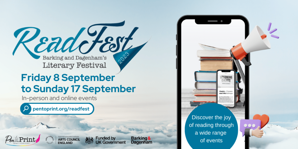 An Image of a mobile Phone against a cludy Sky. RedFest 2023 - Barking and Dagenham's Literary Festival Online and In-Person Events. Friday 8 September to Sunday 17 September. Discover the joy of reading through a wide range of events.