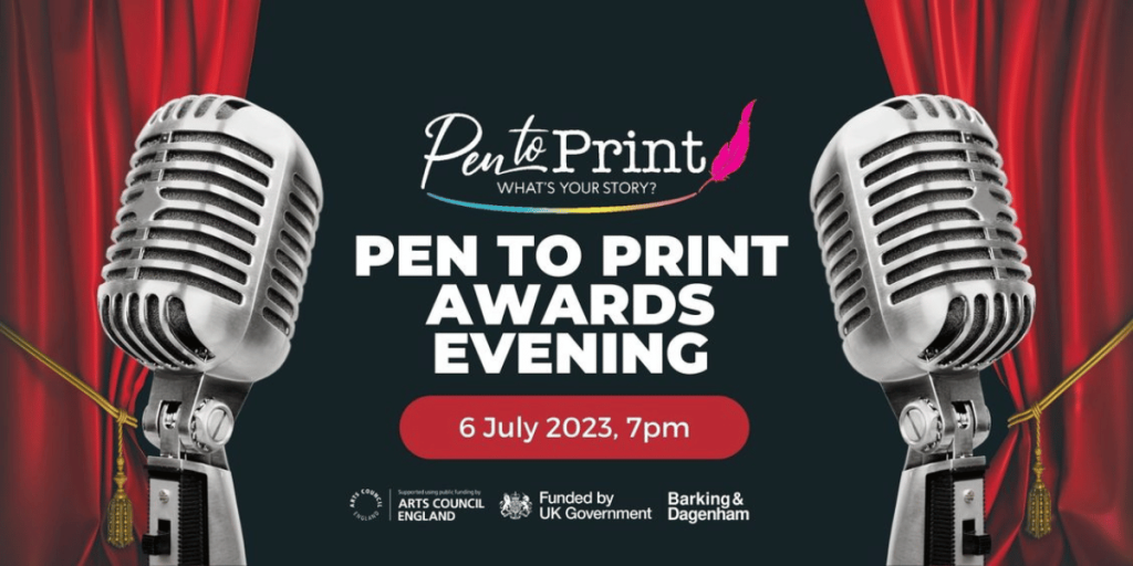 Partly opened Red Curtains with two retro style mics standing in front of them. Pen to Print Awards Evening