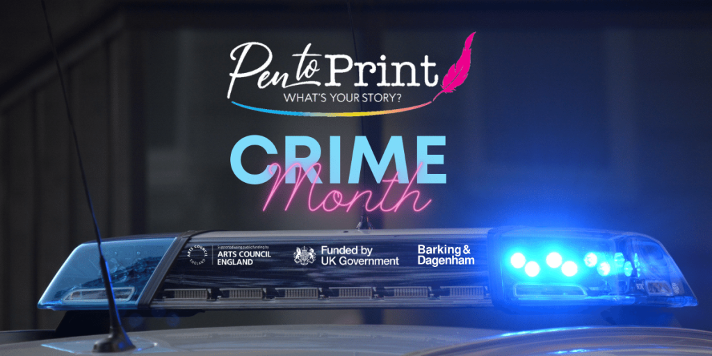 A black night scene in the baackground with the just the top top of a Police Car visable, flashing its blue lights. Pen to Print Crime Month.