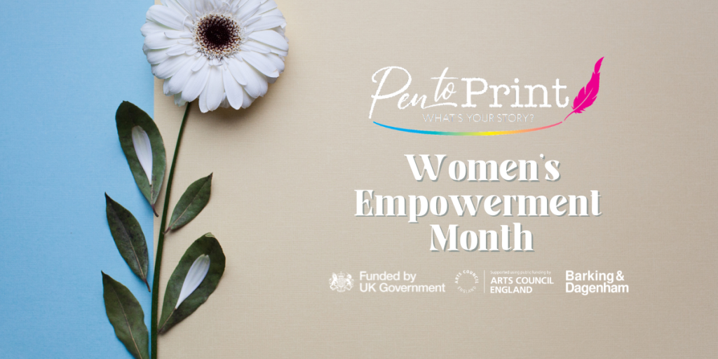 Women's Empowerment Month Image with a White Daisy on a light blue a beige background.