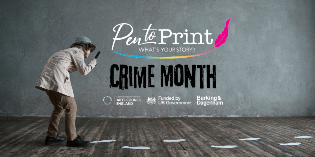 Pen to Print Crime Month - A Man in a a tench Coat and hat holds a magnifying glass and is looking at footprints on the wooden floor.