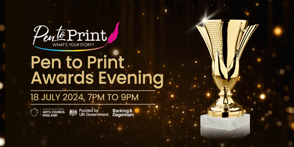Pen to Print Awards Evening: A Black starry Background with a Golden trophy.